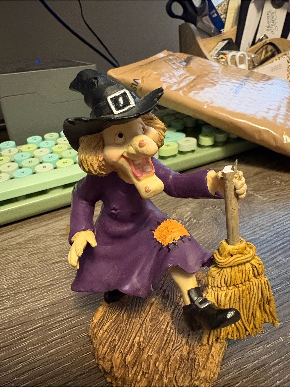Hand-Painted Purple Witch Figurine with Broom - Charming Home Accent